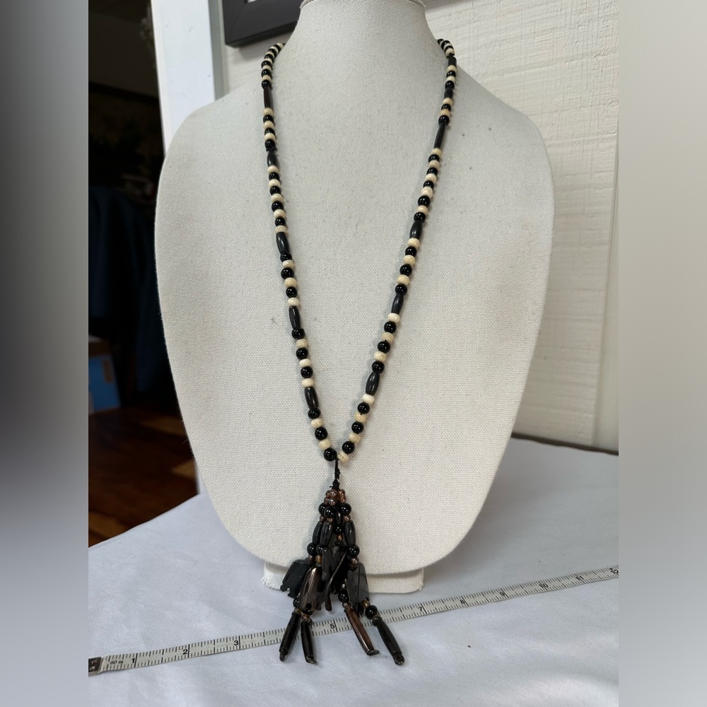 Carved elephant tassel trade bead necklace